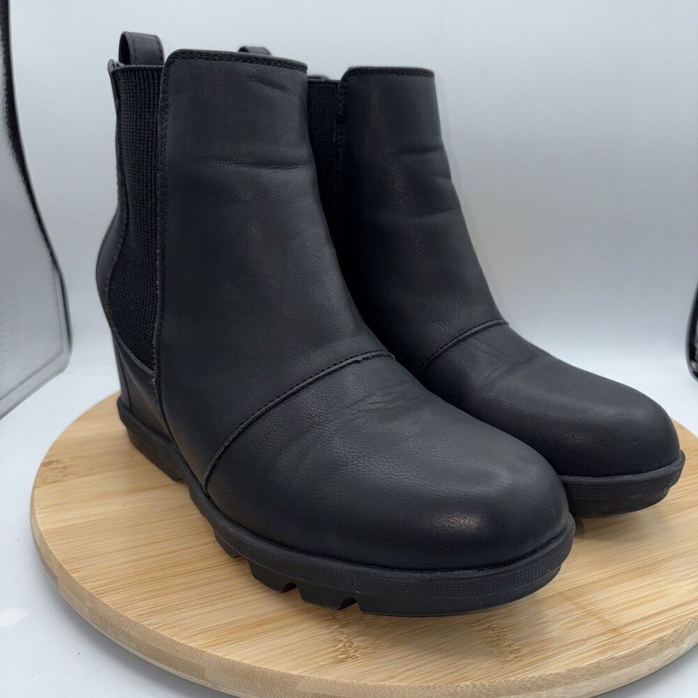 Athlefit Womens Black Leather Chelsea Ankle Boots Comfortable Hidden Wedge 9